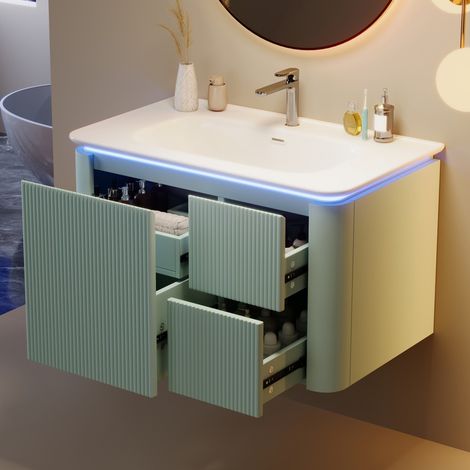 Hängender Waschtischunterschrank 80,5 x 47,5 x 51 cm - 3D-Front – Radar-LED-Beleuchtung – 4 geräuscharme Schubladen für das Badezimmer – Grün