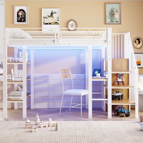 Lit mezzanine métal 90 x 200 cm blanc bureau intégré LED prise échelle réversible avec rangement bibliothèque 3 niveaux penderie (1/5)