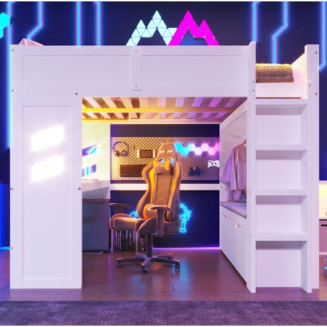 Lit mezzanine moderne 140x200 cm blanc en pin et MDF avec bureau, LED, USB-C, 2 tiroirs et portant (1/5)