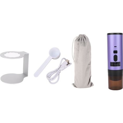 Cafetière portable, entièrement automatique, rechargeable et sans fil pour une utilisation en extérieur, couleur violette. (1/2)