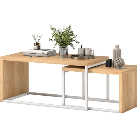 Ensemble de 2 tables basses gigognes modernes avec structure en métal pour salon, 90 x 48 x 42 cm et 59 x 42 x 36 cm, naturel et blanc (1/5)