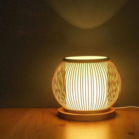 Lampe de table en rotin avec base en bois, Lampe de bureau en bambou pour la chambre,Base E27, 18cmx18cm (1/5)