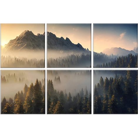 Panneaux acoustiques d'art, 6 pièces adhésives grandes peintures murales décoration murale panneaux insonorisants pour studio d'enregistrement salon chambre 183 x 122 cm(Misty Forest) (1/5)