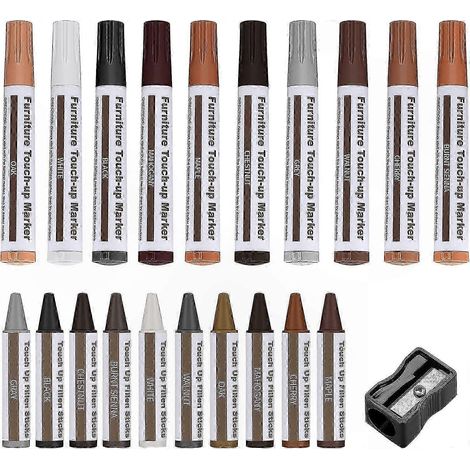 Kit de réparation des rayures sur bois (21 pièces), comprenant des stylos de retouche, des bâtonnets de cire pour meubles et sols stratifiés, du mastic à bois et un taille-crayon. (1/3)