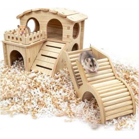 Lot de 2 Cachettes en Bois pour Hamster, Tunnel Arche et Maison à 2 Étages, Maison Cochon d'Inde Bois pour Hamsters Nains, Syriens, Gerbilles, Rats, Accessoire de Cage pour Petit Animal (1/5)