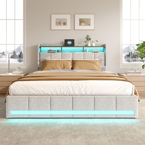 Polsterbett 160x200 cm mit Schubladen, RGB-LED an Kopf- und Fußteil sowie USB/Type-C-Ladestation, modern, Leinenstoff, Beige