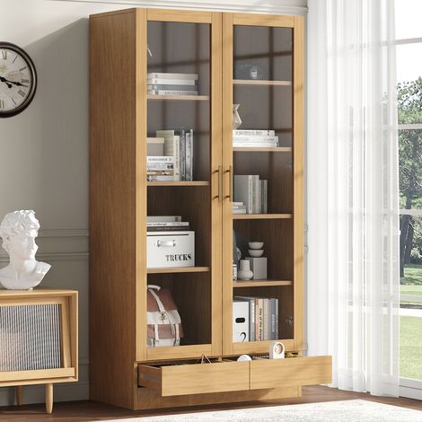Vitrine 80x40x160cm - 2 tiroirs et 2 portes - portes en verre trempé - étagères multicouches - naturel