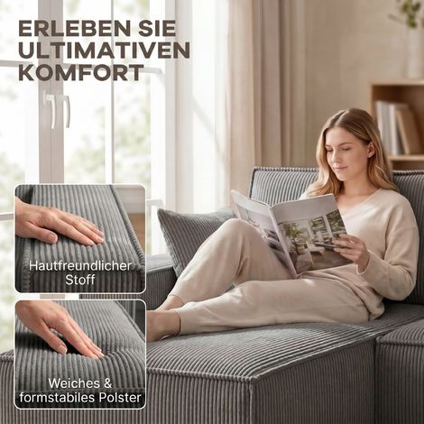 Ecksofa mit zwei Chaiselongues, U-förmiges Sofa mit Samtbezug, breiter und tiefer Sitzfläche, Kissen mit Federkern, hellgrau. (1/5)