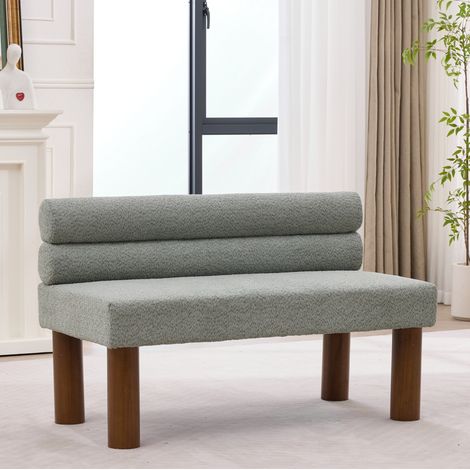 Banc moderne minimaliste en bouclé vert sauge avec structure en bois, sans accoudoirs,116x59x72 cm (1/5)