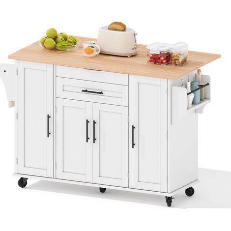Carro de Cocina con 4 Puertas, 2 Cajones, Estantes Ajustables, Toallero y Especiero, en MDF, Blanco y Natural, 136 x 70 x 92 cm (1/5)