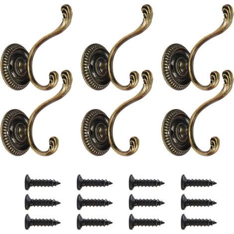 Lot de 6 patères doubles vintage, crochets muraux robustes, crochets pour vêtements, crochets de chambre principale, crochets de porte décoratifs avec vis pour cuisine de salle de bain, bronze (1/5)