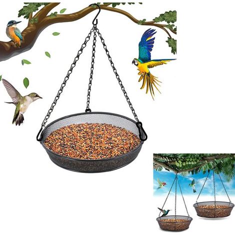 Comedero metálico para pájaros, Comedero colgante, Comedero redondo, Comedero para atraer pájaros, Baño para pájaros, Diámetro 17 cm, Negro (1/5)