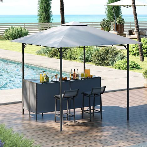 Goplus – Tonnelle barbecue 3 pièces avec bar et 2 tabourets – Toit en tissu polyester résistant à l'eau – Structure métallique stable – Dimensions 245 x 245 x 243 cm (1/5)