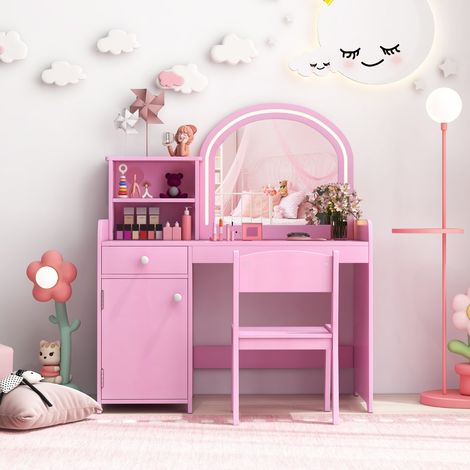 Coiffeuse et Tabouret pour Enfants avec Miroir et 120 Lumières LED Bureau Enfants avec Chaise 2 Étagères et Tiroir Rose CW6932 Maison Chic (1/2)