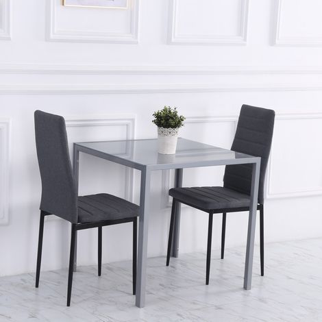 Table à manger carrée 75x75x75 cm grise en acier et verre trempé avec 4 places (1/5)