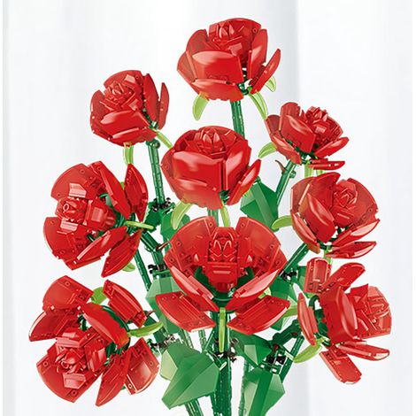 Set aus Bausteinen für einen Blumenstrauß, ein exquisiter und wunderschöner Strauß aus Bausteinen mit neun Rosen, ein ideales Geschenk zum Valentinstag. (1/5)