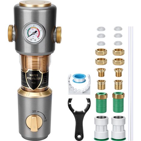 Préfiltre Eau Autonettoyant 40µm, Filtre à Sédiments Lavable, Débit 8T/h (8000L/h), Pression Max 10bar, Laiton Sans Plomb, Raccords 1" avec Adaptateurs Inclus 3/4" 1/2",Pour Maison (1/5)