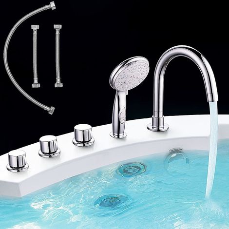 Melko – Mélangeur de baignoire avec douchette à main – Robinetterie 5 trous – Finition chromée 3 couches – Design moderne et élégant