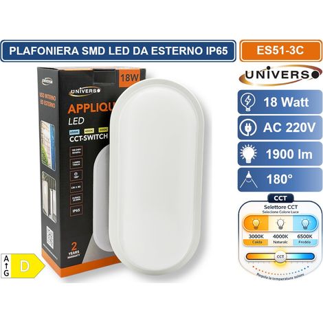 UNIVERSO ES51-3C PLAFONIERA LED DA ESTERNO IP65 18W FORMA OVALE COLORE BIANCO CON SWITCH CCT PER SELEZIONE LUCE 3000K/4000K/6500K (1/5)