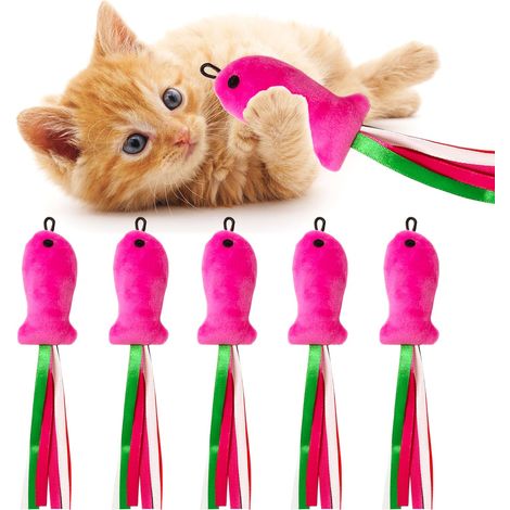 Set mit 5 interaktiven Katzenspielzeugen mit rosa Fisch und Katzenminze, Plüsch-Kauspielzeug als Accessoire für Wohnungskatzen