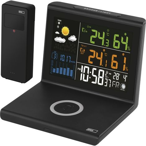 EMOS Stazione meteo radio con caricabatterie Qi senza fili, display a colori VA, alimentatore e sensore esterno, funzioni: termometro, igrometro, previsioni meteo, indicatore orologio DCF, sveglia (1/4)