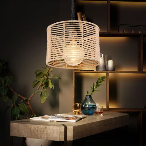 Pendellampe Hängeleuchte Wohnzimmer Hanfseil Deckenlampe Metall Kette, Metall schwarz, 1x E27 Fassung, DxH 31x120 cm