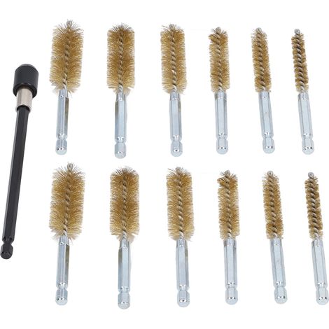 Ensemble de 13 brosses métalliques pour perçage, diamètres 8 à 19mm, avec tige allongée de 15cm, idéal pour nettoyage de trous et décapage. (1/5)