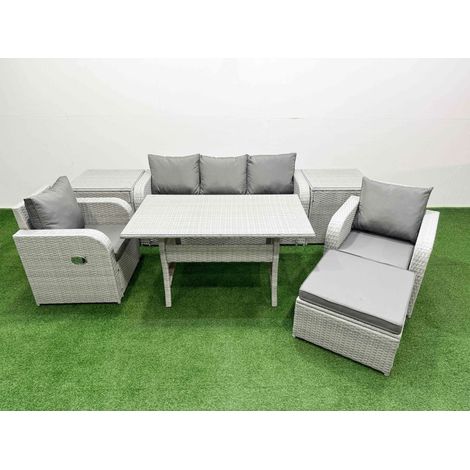 Fimous PE Rattan Garden Furniture Set Reclining Chair Sofa Lounge Sofa Set Rectangular Dining Table 2 Side Table Big Footstool Light Grey (1/4)