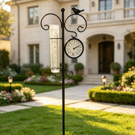 Pluviomètre décoratif colibri 90 cm en métal avec thermomètre, tube en verre de 18 cm, jauge de pluie pour jardin et terrasse(Noir) (1/4)