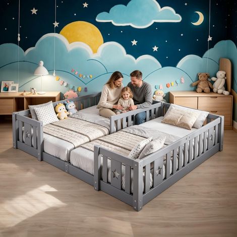FOERPL-Lit pour Enfant avec avec Étoiles, Lit Montessori au Sol Cadre de Lit Double Enfant en Pin Massif avec Barrière de Sécurité Protection Anti-chute
