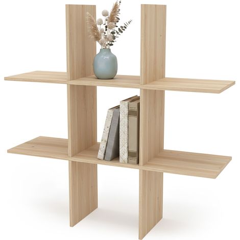 Holz Wandregal 55 x 55 cm schwebend mit 6 Fächern - natur - Schweberegal im Würfel Design mit Melamin Furnier