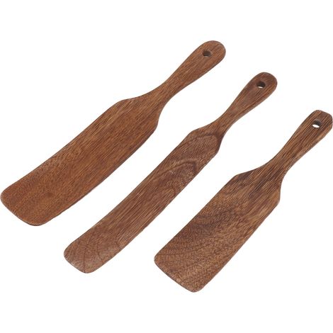 Spatules en bois (lot de 3) avec large manche antidérapant, idéales pour retourner les steaks, les pizzas et les salades. Parfaites pour les steaks, les pizzas et les salades au lait.