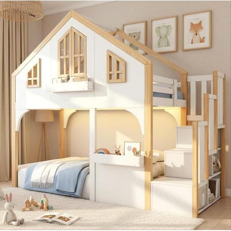 Kinder-Hochbett 90 x 200 cm aus weißem Holz mit LED und Stauraum, ohne Matratze – MEUBLIV (1/5)