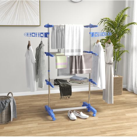 Étendoir tour à linge mobile à roulettes, 3 niveaux, ailes latérales réglables et pliable en acier bleu, 6 roues dont 2 freinées, CHICFURN (1/5)