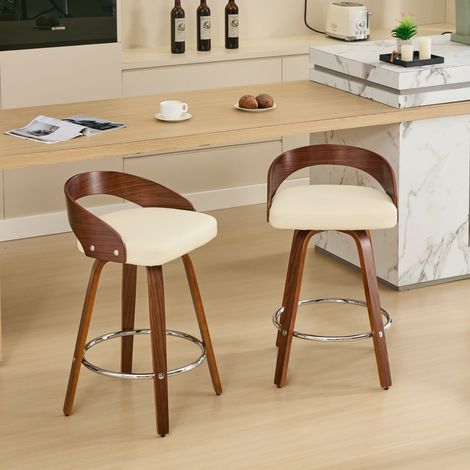 Lot de 2 tabourets de bar pivotants beige dossier bas bois assise rembourrée hauteur 63 cm pour îlot (1/5)