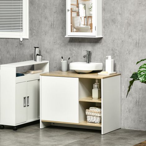 Badezimmerschrank mit Unterschrank und 2 Holzregalen, 77 x 45 x 60 cm, Weiß und Holz