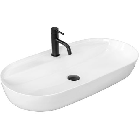 REA – Vasque à poser céramique blanche 810mm – Largeur 410mm – Hauteur 140mm – Trou de robinet – Lavabo moderne pour salle de bain