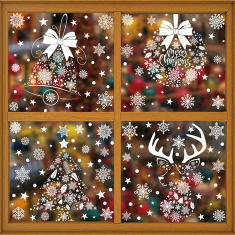 Autocollants de Noël, flocons de neige blancs, cadeaux, sapin du Père Noël, autocollants pour fenêtres, bonhomme de neige, chaussettes de Noël, rennes, décorations de fenêtres, autocollants statiques.