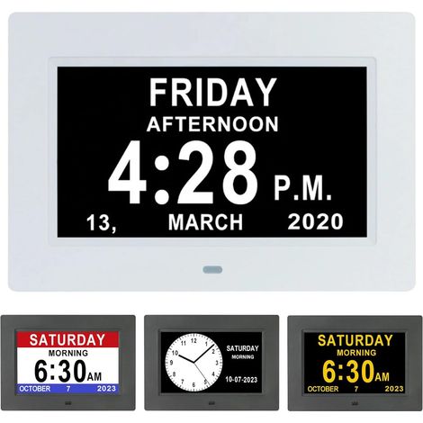 7-Zoll-LCD-Digitaluhr mit Kalender, Datum, Wochentag und Uhrzeit, nicht abgekürzter Uhrzeit, automatischer Dimmfunktion, 8 Sprachen, HD-Display, Erinnerungsfunktion für Alzheimer-Patienten, Senioren u