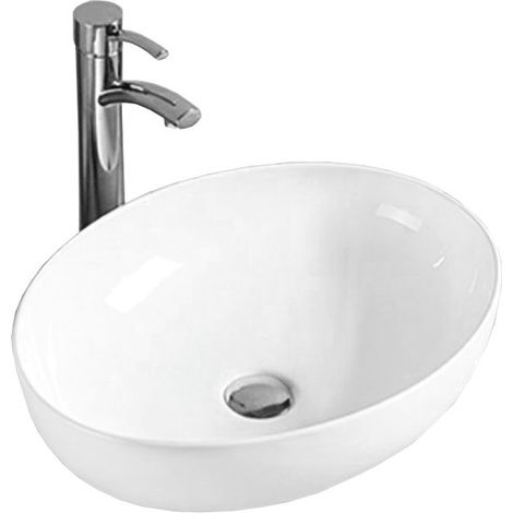 Vasque à poser ovale Silla, lavabo salle de bain en céramique 52x39,5x13 cm, design moderne, installation facile, Blanc