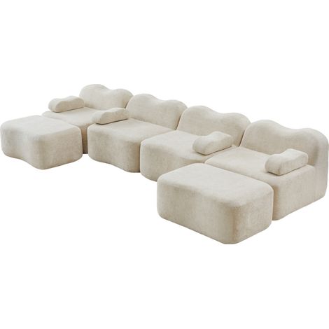 Sofá modular en U de 4 plazas con 2 otomanas, terciopelo beige, espuma 32D (1/5)