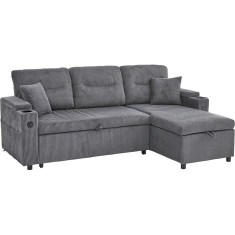 Canapé 3 places en velours côtelé gris carbone avec rangement, porte-gobelets, USB-C, méridienne hydraulique et lit tiroir 2 places - CHICFURN (1/5)