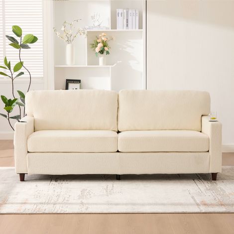 Canapé 2 Places 203x77cm - Tissu Chenille Doux - Port USB-C - LED Dimmable - Porte-Gobelets - Poches Latérales - Structure Bois et Métal - Capacité 200kg - Beige
