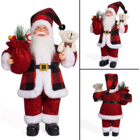 Figurine Pere Noel - 32 Cm - Motif Ecossais Rouge Noir - Avec Sac Cadeau Et Ours - Decoration Noel (1/3)