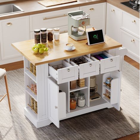 MEUBLIV Isola da cucina 132 x 70 x 87 cm bianco e naturale – piano ribaltabile (1/4)