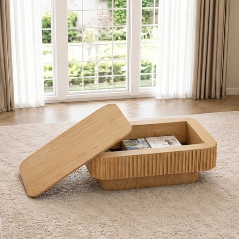 Table basse rectangulaire cannelée de 98 cm avec rangement dissimulé, table basse moderne en placage bois massif, montage facile en 5 minutes, table d'appoint idéale pour le salon, la chambre, un appa (1/5)