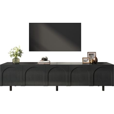 Meuble TV bas à 5 portes avec portes cintrées, rangements spacieux, pieds métalliques et structure PB/MDF noir, CHICFURN (1/5)
