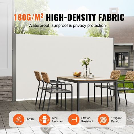 Paravent extérieur rétractable 180x350 cm, écran intimité terrasse en polyester 180g imperméable, coupe-vent UV30+ séparation espace jardin balcon beige (1/5)