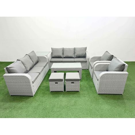 Fimous PE Rattan High Back Lounge Sofa Set Patio Oblong Coffee Table & Chairs Set with 3 Seater Sofa Reclining Chair Stools Side Table Light Grey (1/4)
