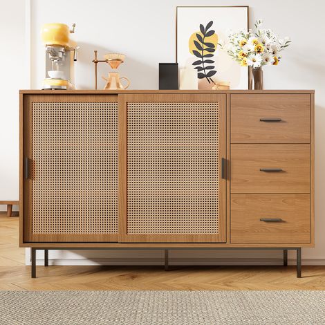 Credenza 140x37x91 cm in legno con 2 ante scorrevoli e 3 cassetti, finitura naturale (1/5)